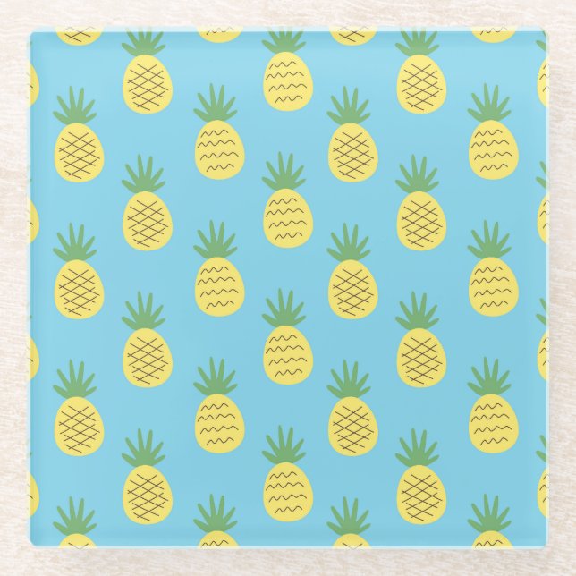 Pineapple Delight: Tropical Fruit Print Glass Coaster (Front)