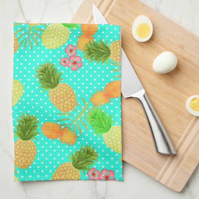Pineapple Dots Teal Tea Towel (Quarter Fold)