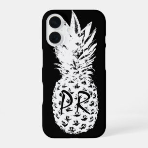 Pineapple drawing black and white custom monogram iPhone 16 case