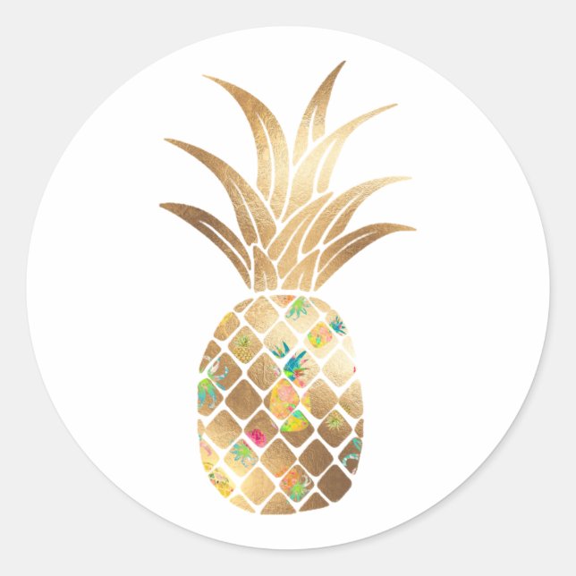 Pineapple, Faux Gold+Collage Classic Round Sticker (Front)