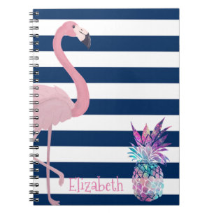 Pineapple, Flamingo Navy Blue Stripes-Personalised Notebook