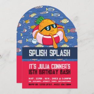 Pineapple Float, Cartoon Fish Pool Party Birthday  Invitation