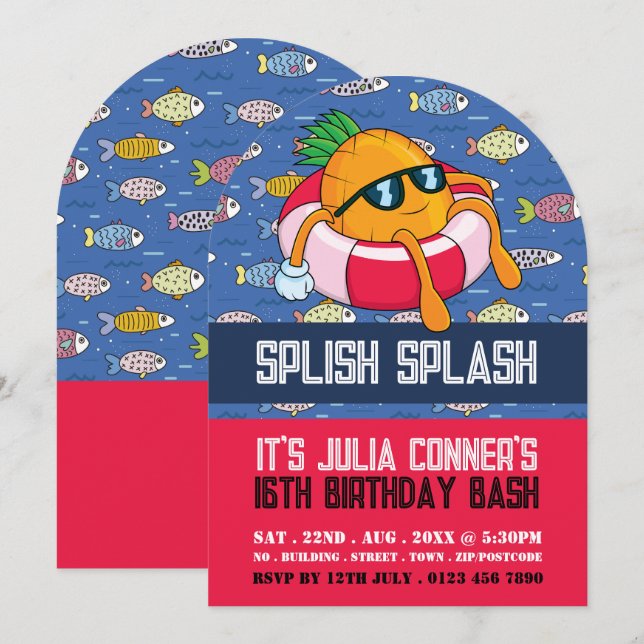 Pineapple Float, Cartoon Fish Pool Party Birthday  Invitation (Front/Back)