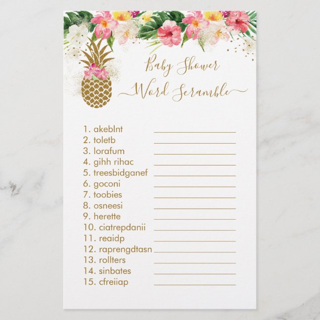 Pineapple Floral Baby Shower Word Scramble Game (Front)