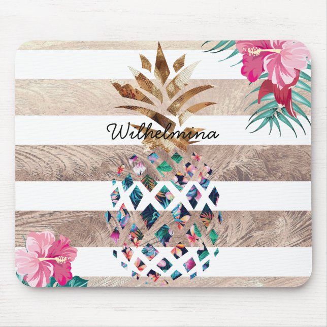 Pineapple floral gold striped design mouse pad (Front)