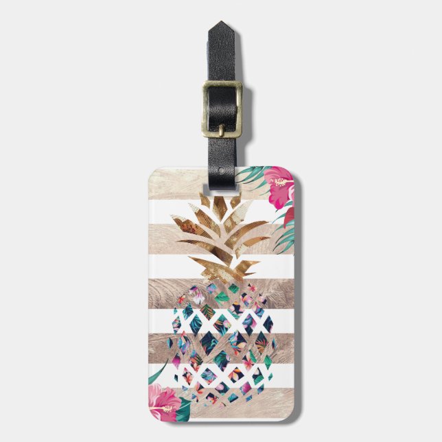 Pineapple floral gold striped luggage tag (Front Vertical)