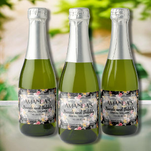 Pineapple Floral on Black Bridal Shower Mini Sparkling Wine Label