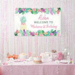 Pineapple Floral Pink Gold Birthday Banner
