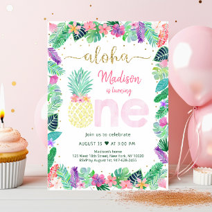 Pineapple Floral Pink Gold First Birthday Invitation
