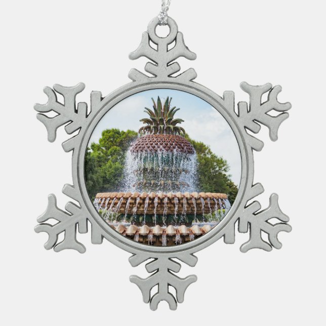 Pineapple Fountain in Charleston, SC Snowflake Pewter Christmas Ornament (Front)