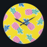 Pineapple Frenzy: Bright Cartoon Vintage. Large Clock<br><div class="desc">Vintage seamless pineapple fruit crazy colours pattern. Very bright colourful cute cartoon background (wallpaper, fabric). Childish style, abstract pop art on yellow Crazy-coloured pineapple pattern. Cartoon background with abstract pop art. Playful pineapple fruit pattern in crazy colours - abstract pop art. pineapple, cute, pattern, background, tropical, seamless, fabric, crazy, abstract,...</div>