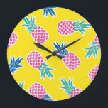 Pineapple Frenzy: Bright Cartoon Vintage. Large Clock<br><div class="desc">Vintage seamless pineapple fruit crazy colours pattern. Very bright colourful cute cartoon background (wallpaper, fabric). Childish style, abstract pop art on yellow Crazy-coloured pineapple pattern. Cartoon background with abstract pop art. Playful pineapple fruit pattern in crazy colours - abstract pop art. pineapple, cute, pattern, background, tropical, seamless, fabric, crazy, abstract,...</div>