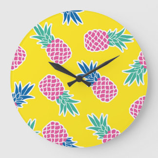 Pineapple Frenzy: Bright Cartoon Vintage. Large Clock