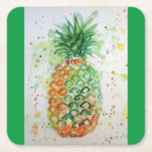Pineapple Fruit Food Tropical Art Orange Lime Cute Square Paper Coaster