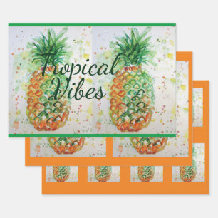 Pineapple Fruit Food Tropical Vibes Orange Lime Wrapping Paper Sheet