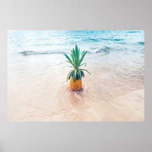Pineapple fruit on beach shore in the morning poster
