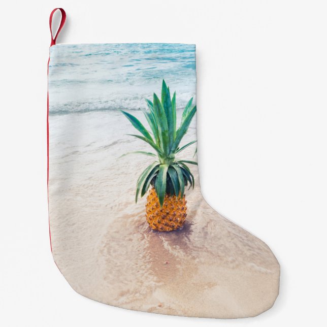 Pineapple fruit on beach shore in the morning small christmas stocking (Front)