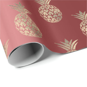 Pineapple Fruits Faux Gold Tropical Summer Burgund Wrapping Paper