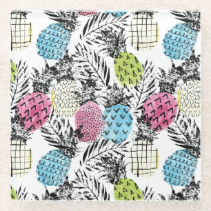 Pineapple Grunge Palms Glass Coaster