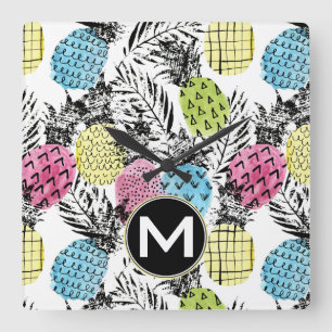 Pineapple Grunge Palms   Monogram Square Wall Clock