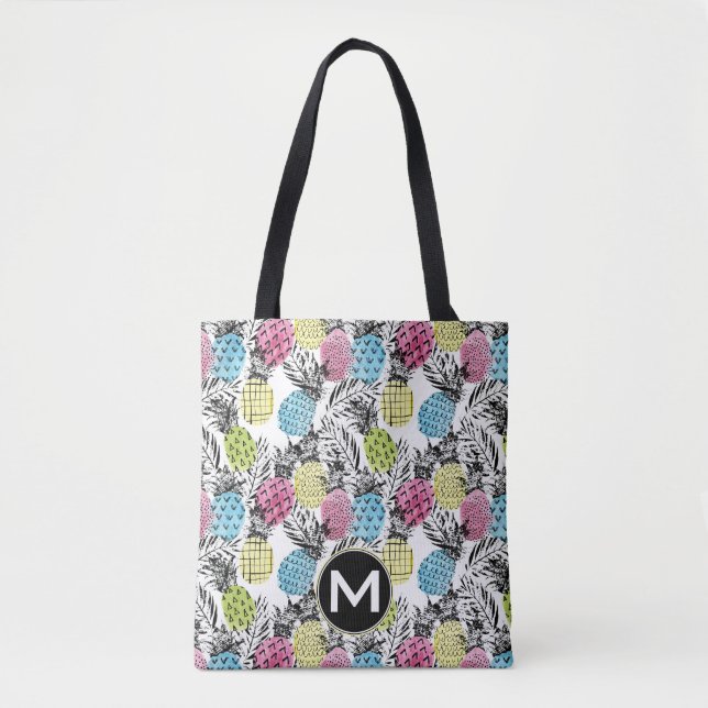 Pineapple Grunge Palms | Monogram Tote Bag (Front)
