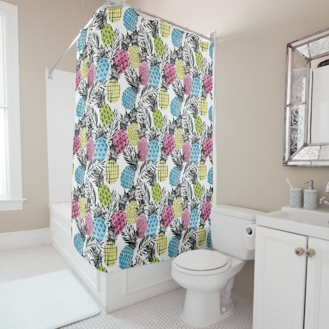 Pineapple Grunge Palms Shower Curtain (In Situ)