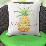 Pineapple Hello Summer Yellow Pink Watercolor Cushion<br><div class="desc">Decorate your summer patio with this pretty pillow. 
It features a watercolor pineapple and the words Hello Summer.
You can customise this pillow by changing the words if you wish.
Original Watercolor © Michele Davies.</div>