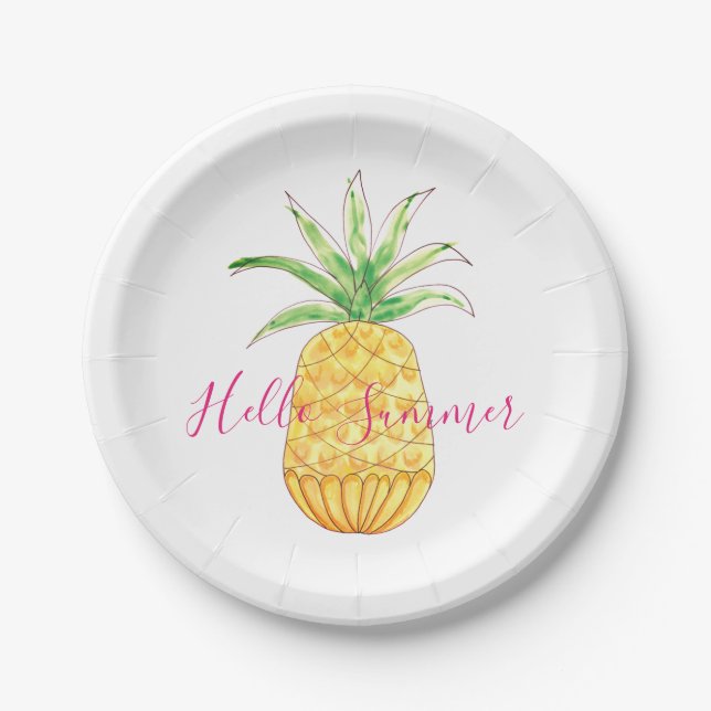 Pineapple Hello Summer Yellow Pink Watercolor Paper Plate (Front)