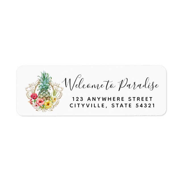 Pineapple & Hibiscus Flowers Tropic Return Address Label (Front)