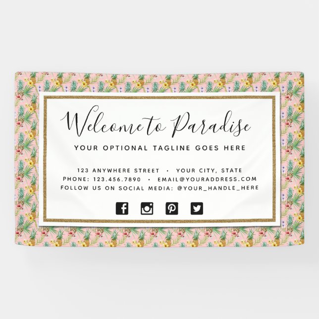 Pineapple & Hibiscus Flowers Watercolor Tropical Banner (Horizontal)