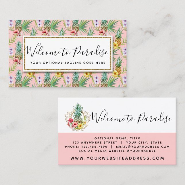 Pineapple & Hibiscus Flowers Watercolor Tropical Business Card (Front/Back)