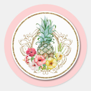 Pineapple & Hibiscus Flowers Watercolor Tropical Classic Round Sticker