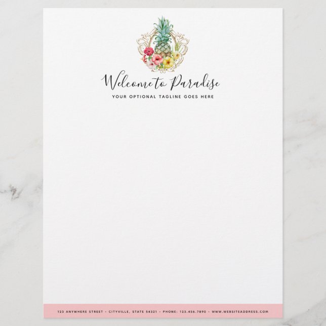 Pineapple & Hibiscus Flowers Watercolor Tropical Custom Letterhead (Front)