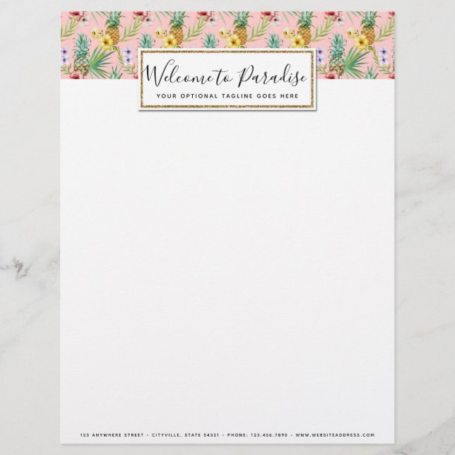 Pineapple & Hibiscus Flowers Watercolor Tropical Custom Letterhead (Front)