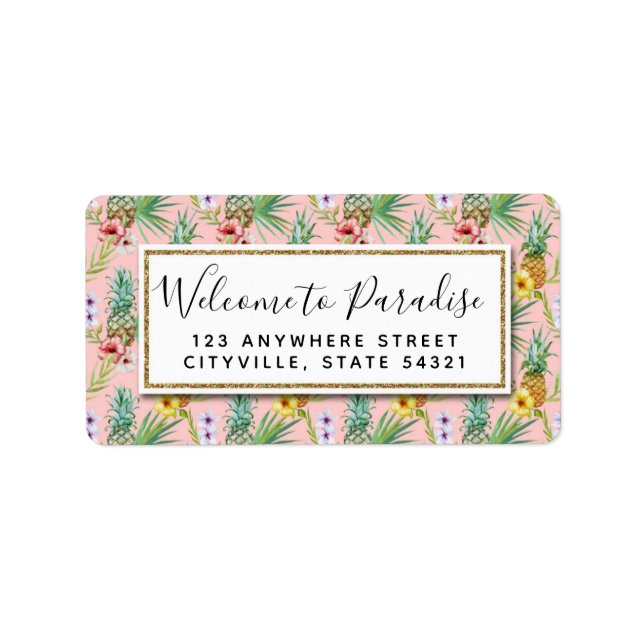 Pineapple & Hibiscus Flowers Watercolor Tropical Label (Front)