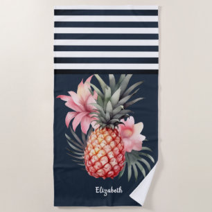  Pineapple Hibiscus  Nautical Navy Blue Striped   Beach Towel