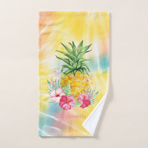 Pineapple,Hibiscus Watercolor Rainbow Tie Dye Bath Towel Set