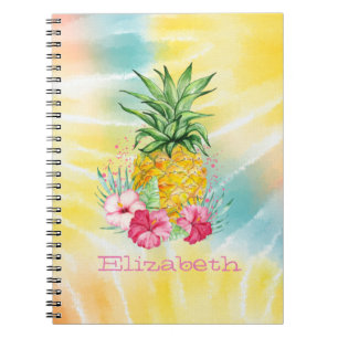 Pineapple,Hibiscus Watercolor Rainbow Tie Dye Notebook