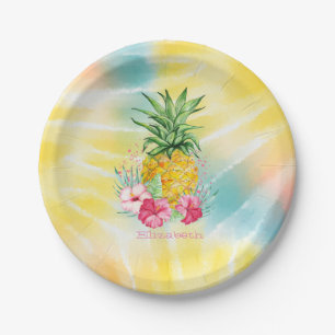 Pineapple,Hibiscus Watercolor Rainbow Tie Dye  Paper Plate