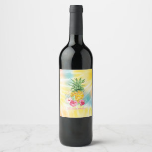  Pineapple,Hibiscus Watercolor Rainbow Tie Dye  Wine Label