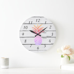 Pineapple Illustration Decor Rustic Shiplap Large Clock