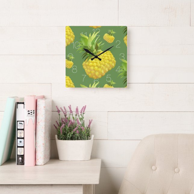 Pineapple Illustration Square Wall Clock (Reading Room)