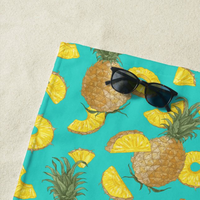 Pineapple In Turquoise Colour Beach Towel (In Situ)