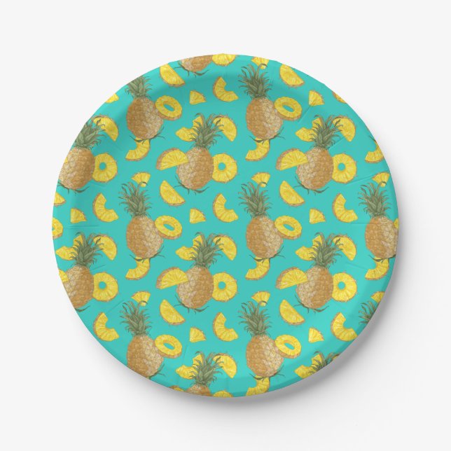 Pineapple In Turquoise Colour Paper Plate (Front)