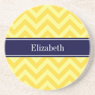Pineapple Lt Yellow LG Chevron Navy Name Monogram Coaster