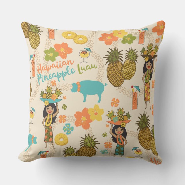 Pineapple Luau Hawaiian Hula Girl and Surfboards Cushion (Front)