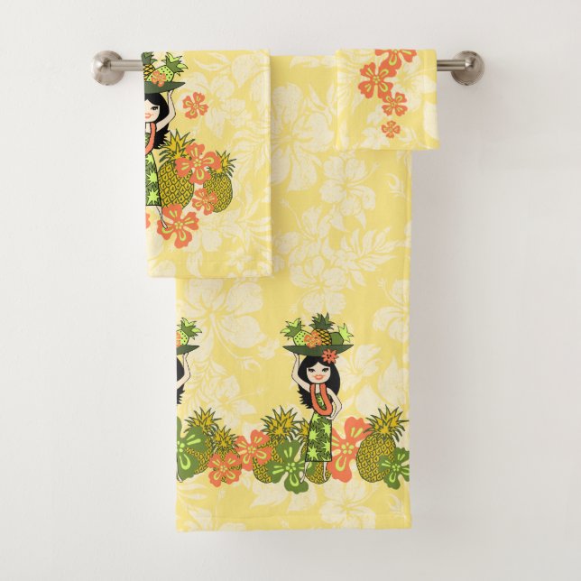 Pineapple Luau Hawaiian Hula Girl Coordinate-Lemon Bath Towel Set (Insitu)