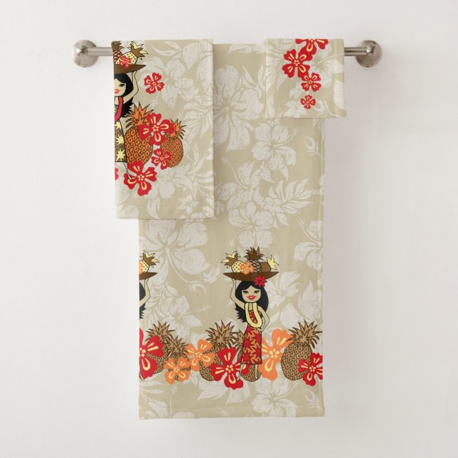 Pineapple Luau Hawaiian Hula Girl Coordinate- Tan Bath Towel Set (Insitu)
