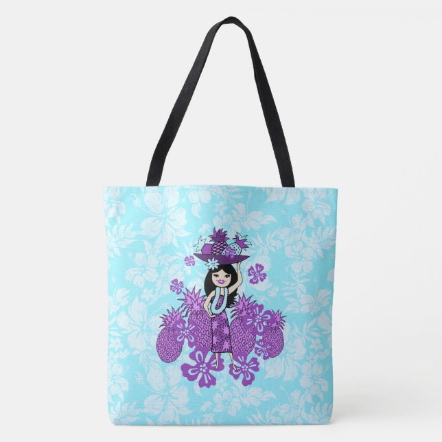 Pineapple Luau Hawaiian Hula Girl Floral Beach Bag (Front)