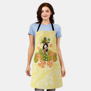Pineapple Luau Hawaiian Hula Girl Lemon Yellow Apron